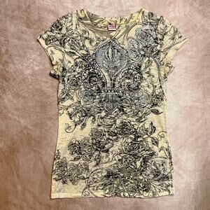 Vintage Y2K R Rouge Rocaille Rhinestones Burnout T-Shirt Cap Sleeve Fitted Punk